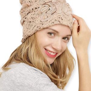 Tan Floral Lace Sequin Lightweight Lined Beanies Cap - NEW